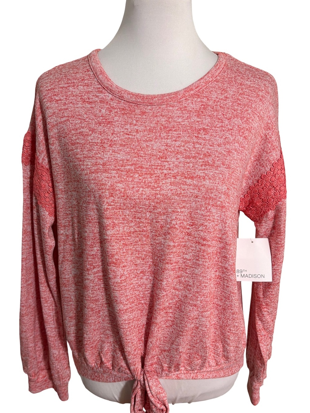 89th & Madison Heathered Pink Tie-Front Long Sleeve Top